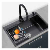 Évier de cuisine en acier inoxydable nano noir fait main, grand bac unique, anti-rayures, à poser sur le comptoir, vente en gros
