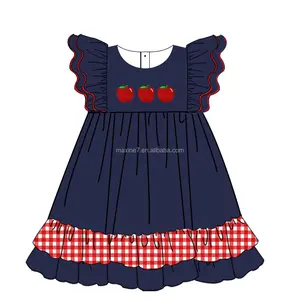 High Quality Kids Clothing Back To School Embroidery Apple French Knot Girl Outfits Boutique Baby Girls Sets