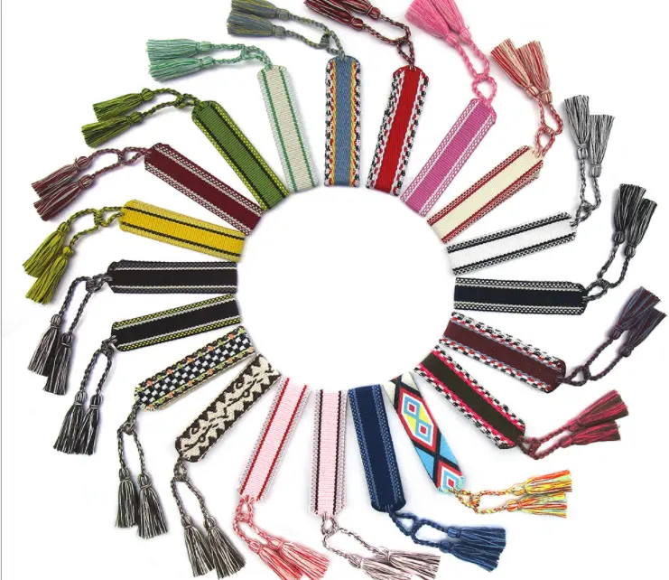 Pulseiras de amizade para bordados, venda quente de pulseiras de tecido bordado, amizade, presentes, corda de algodão ajustável, pulseiras de borla, 2021