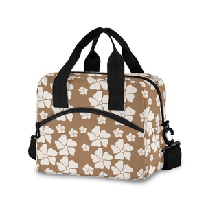 Hawaiian Brown/<b>White</b> Floral Design Adults Water Resistant Nylon <b>Small</b> Lunch Cooler <b>Bags</b> Custom Lunch <b>Bag</b> with Shoulder Straps - Product Image 1