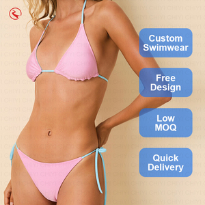 Custom Blue <b>Two</b> <b>Piece</b> Bikini <b>Set</b> Halter Lace Up Swimwear Solid Color Spandex Nylon Quick Dry Regular Fit - Product Image 4