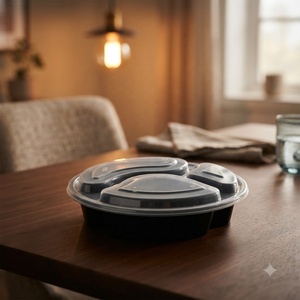 Conteneur alimentaire rond jetable en PP à 3 sections avec couvercle transparent, boîte de préparation de repas en plastique pour la restauration et le stockage - Product Image 1
