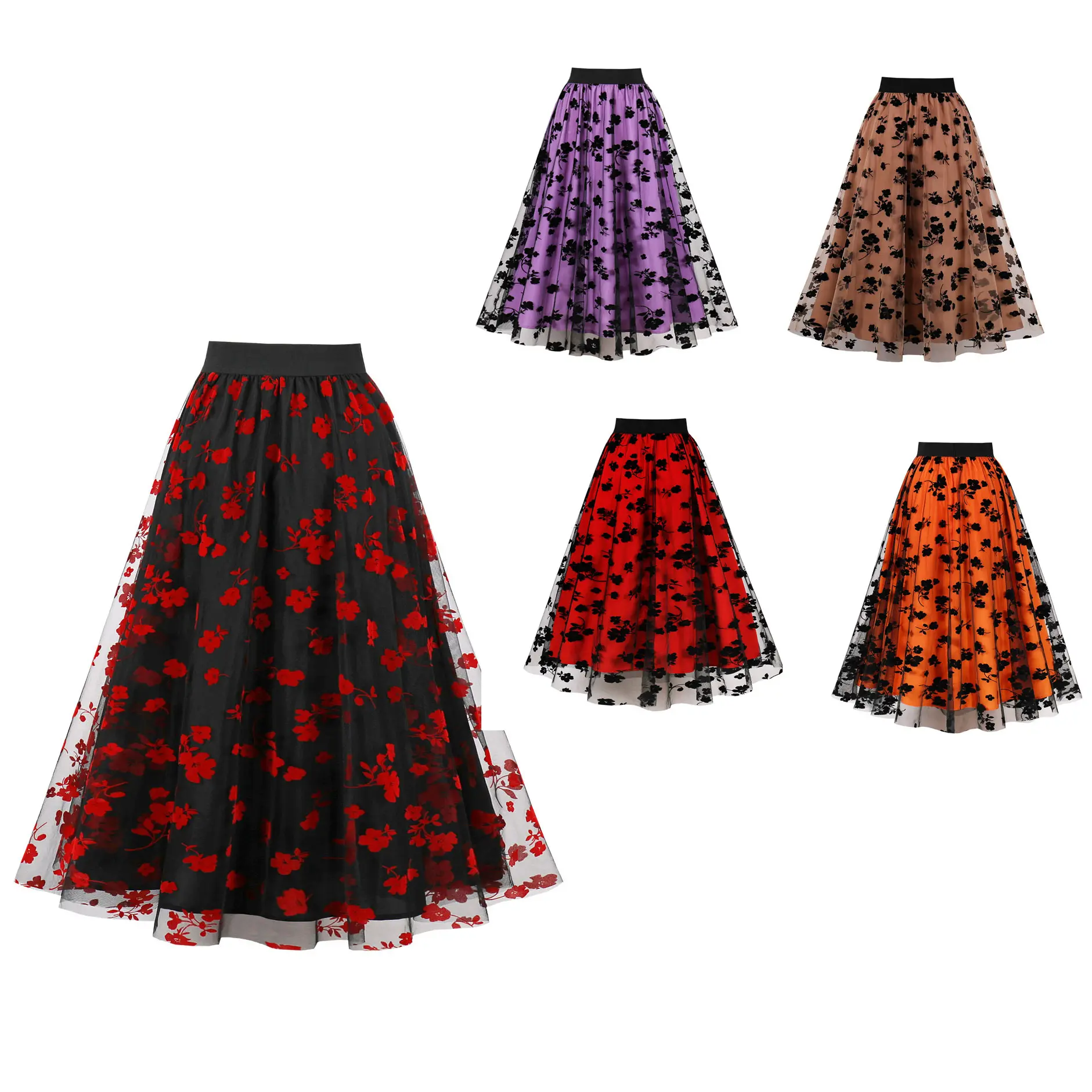 MXN 2023 Summer Women's Mesh Double Layer Printing Waist-tight Flower Fashion Big Hem Midi Skirt