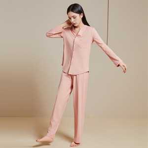 Conjunto de Pijama de Algodón Transpirable para Mujer, Novedad de Primavera, Manga Larga, Color Liso, Ropa de Dormir Suave y a la Moda para el Hogar - Product Image 4