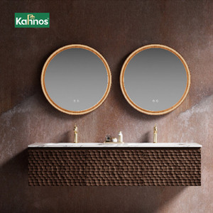 Double <b>Round</b> Gold <b>Framed</b> Led Mirror Bathroom Vanities With Marble Top and Textured Wood Cabinet - Product Image 1