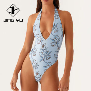 Summer beach print deep V fashion one-piece swimwear custom recycled nylon, women's one-piece - Product Image 1