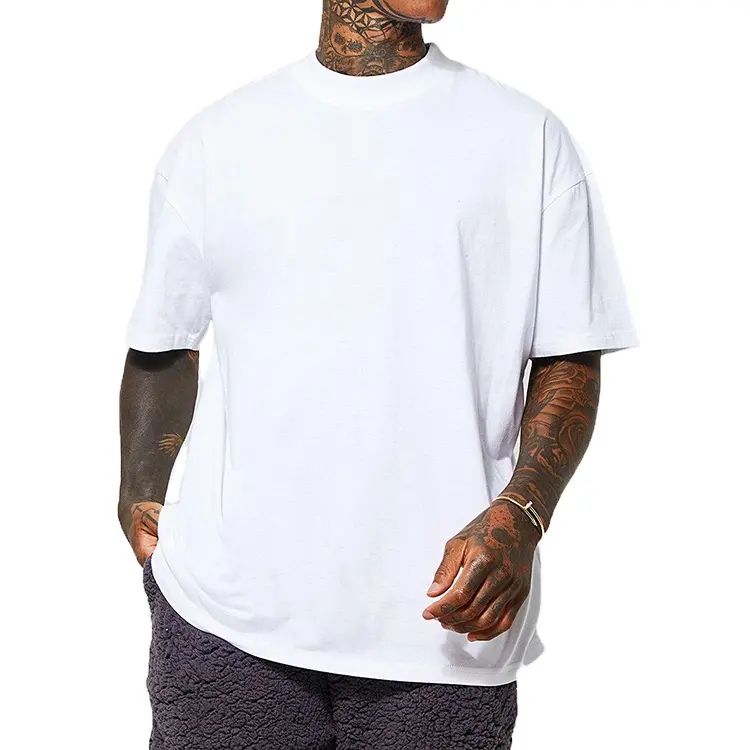 Custom Heren Blanco 100% Katoen Verlengde Hals Klassieke Luxe Vintage Drop Shoulder Hoge Kwaliteit Oversized T-Shirts Voor Heren