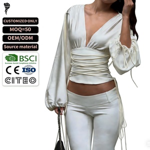 เสื้อผู้หญิงแฟชั่นปรับแต่งได้ คอวี แขนยาว ระบายอากาศดี พร้อมเชือกผูกเอว ทรงลำลอง สีพื้น - Product Image 1