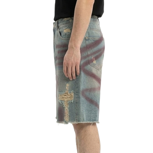 TOPSHOW Short Baggy Homme en Jean Brut Délavé Foncé Effet Vieilli et Déchiré, Style Vintage, Dessiné à <span class=keywords><strong>la</strong></span> Main, Idéal pour l'Été - Product Image 2