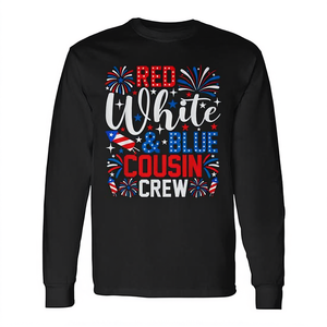 T-shirt à manches longues rouge, blanc et bleu Cousin Crew, design feux d'artifice du 4 juillet, col rond unisexe pour adulte - Product Image 2