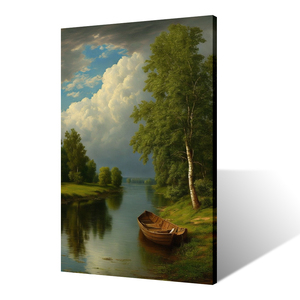 NGHỆ THUẬT Airbrush cảnh quan rừng chuyên nghiệp hiện đại trên vải có cây bạch dương ven sông và Cảnh thuyền yên bình - Product Image 3