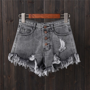 Shorts de Mezclilla Gris Ahumado de Cintura Alta a la Moda para Mujer, Pantalones Cortos Rotos <span class=keywords><strong>con</strong></span> <span class=keywords><strong>Botones</strong></span>, Holgados, de Pierna Ancha, Talla Grande para Mujeres Sensuales - Product Image 2