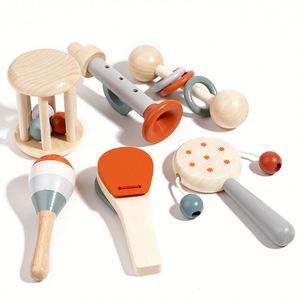 Jouets en bois Orff pour bébé : clochettes, hochets à agripper, instruments d'éveil musical et apaisant pour la petite enfance, lot de 6 pièces en boîte colorée - Product Image 2
