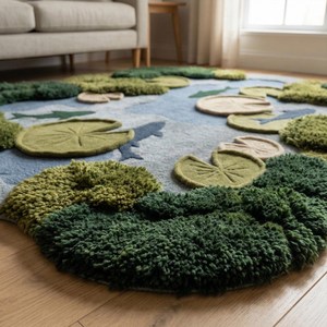 Handmade Moss Blue Koi Fish Wool Floor Rug with Irregular Tufted Pond Pattern Area Carpet for Nursery Bedroom <b>Kids</b> Room Play - Product Image 2