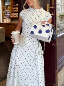 Abito lungo elegante da donna all'ingrosso, modello A-Line con vita impero, stampa a <span class=keywords><strong>pois</strong></span> personalizzata, scollo rotondo, bianco, per l'ufficio - Product Image 3