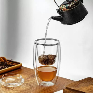 300-400 Ml Double Wall <strong>Glass</strong> Tea Cup Heat Resistant Warm Keeping Flower <strong>Teacup</strong> with <strong>Glass</strong> Infuser and Lid - Product Image 3