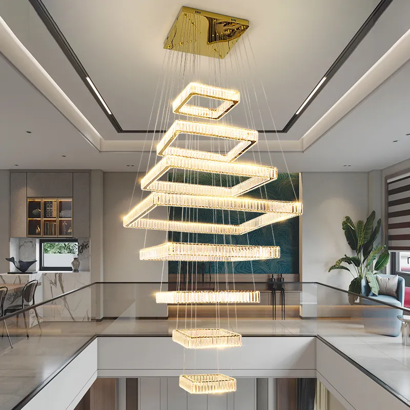 מודרני יוקרה מלבנית וילה ארוכה גרם מדרגות אור k9 קריסטל זהב נברשת מנורות קישוט מלון נברשת מודרנית 2024