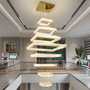 Modern lüks dikdörtgen Villa uzun merdiven ışık k9 kristal altın avize otel dekorasyon lambaları avize Modern 2024