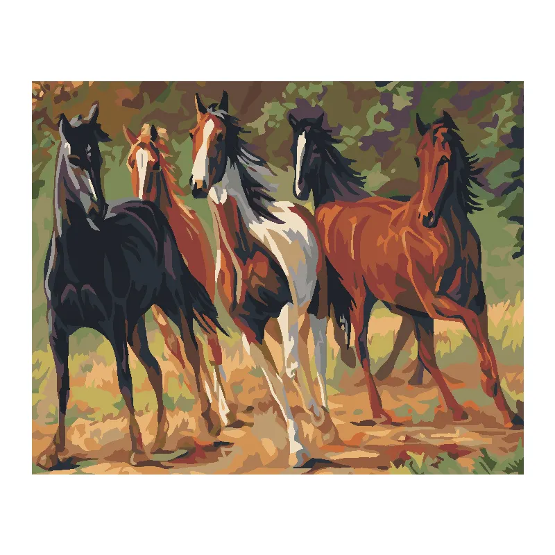 Best Verkopende Vijf Paarden 40*50 Verf Op Nummer Kits Olieverfschilderij Acryl Met Kleuring Diy Schilderijen Op Nummer Kunst Op Canvas