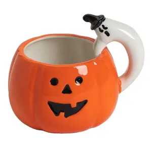 Cốc Trà Dọc Tùy Chỉnh 3D Cốc Sữa Màu Cam Cốc Cà Phê Gốm Bí Ngô Halloween 12 Oz Có Tay Cầm Ma