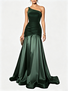New Women One-Shoulder Floor-length Formal <b>Evening</b> GownElegant <b>Velvet</b> Patchwork Pleated High-low Party Maxi <b>Dresses</b> - Product Image 2