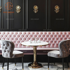Juego de Muebles de Lujo para Restaurante, Mesas Redondas de Mármol con Taburetes de Terciopelo Gris, Sillas de Cafetería, Sofá Rosa con Mechones para Cafetería - Product Image 5