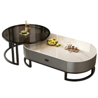 Table basse ovale de style luxueux en pierre frittée, esthétique minimaliste moderne pour petit appartement