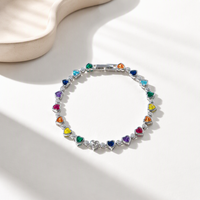 Bracelet chaîne tennis en argent sterling 925 plaqué rhodium avec fermoir cœur coloré incrusté de zircons, serti clos, bijoux fins, cadeau