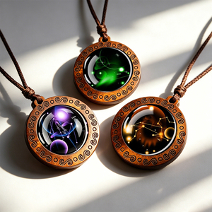 Collier Constellation Vintage Fait Main |   Pendentif en verre et bois avec 12 signes du zodiaque, chaîne en corde réglable, cadeau d'anniversaire unisexe - Product Image 2