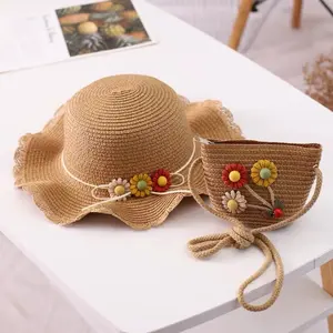 Bucket Hat And Handbag Summer Sun Hat Girls Kids Children Beach Bag Flower Tote Handbag Bags Suit Baby Straw Hats