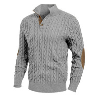 Pull en tricot torsadé pour homme, vert militaire, col montant boutonné, avec empiècements en daim, coupe ajustée, pour l'automne et l'hiver