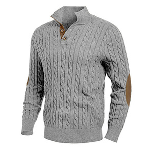 Suéter de Punto Trenzado para Hombre, Color Verde Militar, Cuello Alto con Botones, con Parches de Gamuza, Corte Ajustado, para Otoño e Invierno - Product Image 2