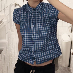 Camiseta a Cuadros Azul para Mujer, Manga Abullonada, Cuello Cardigan, Corte Ajustado, Estilo Atractivo, Camisa con Parches - Product Image 2