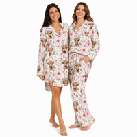 Baju Tidur Wanita Motif Sapi Cetak Khusus dengan Kancing Depan, Set Piyama Wanita, Gaun Piyama Lembut dan Elastis, Pakaian Tidur