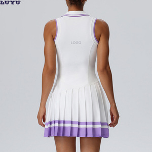 Robe de tennis sans manches pour femme avec logo personnalisé, col rabattu, plissée, color-block, robe athlétique pour le fitness et le padel - Product Image 3