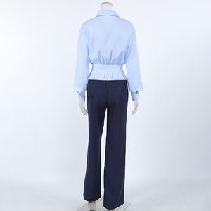 Set da Ufficio Personalizzato OEM per Donne Ispirato ai Designer, <span class=keywords><strong>Camicia</strong></span> Corta a Quadri Blu <span class=keywords><strong>e</strong></span> <span class=keywords><strong>Pantaloni</strong></span> Eleganti Blu Navy, <span class=keywords><strong>Completo</strong></span> Coordinato Due Pezzi - Product Image 5