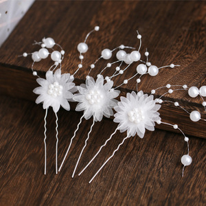 Ensemble de 3 pièces transfrontalières Europe et Amérique : Chaîne de <span class=keywords><strong>cheveux</strong></span> en fil de <span class=keywords><strong>neige</strong></span> blanc avec fleurs et perles, épingle à <span class=keywords><strong>cheveux</strong></span> en forme de U - Product Image 3