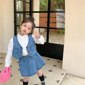 Yoliyolei Girls Denim Vest, Pleated Skirt Suit 2023 Spring New Children'S Clothing Two-Piece Set Bottle Girl Outfits Club Night/