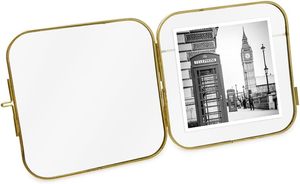 Vintage Style, Round-Edged Brass & Glass Metal Floating Picture <b>Frame</b> with Locket Closure (Vertical), Made for Tabletop Display - Product Image 3
