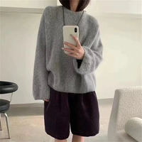 Gebürsteter Polyester-Viskose-Mohair-Strickpullover, Täglicher Flauschiger Locker Sitzender Nerzfell-Pullover mit Rundhalsausschnitt, Übergroßer Damen-Strickpullover