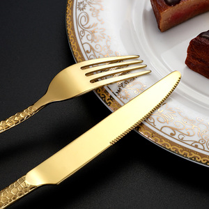 Stainless Steel European Style Cutlery <b>Set</b> Knife Fork Spoon Gold Plated Hammered Texture Thickened Steak Dessert Five Piece <b>Set</b> - Product Image 1