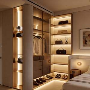 Armoire de dressing BALOM sur mesure, grande capacité, cadre doré, porte en verre nervuré, éclairage intégré pour la maison et l'hôtel - Product Image 5