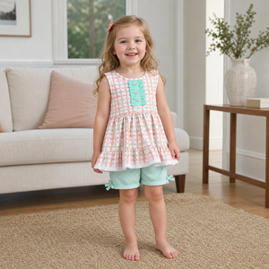 Completo Estivo per Bambine 3-12 Anni in Morbido Cotone a Quadri, Stile Carino e Conveniente, Ideale per Casa o Passeggiate - Product Image 2