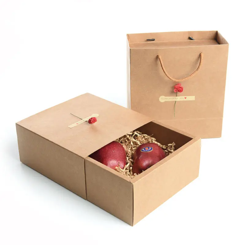 Folding Gift Boxes Hot Sale Product Eco Friendly Brown Kraft Paper Folding Drawer Gift Box With Bags Set Packaging For Fruit Soap Candle Boxes