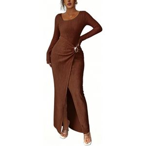 <span class=keywords><strong>Vestido</strong></span> Maxi Ajustado <span class=keywords><strong>de</strong></span> Mujer con Textura Acanalada - Elegante <span class=keywords><strong>Vestido</strong></span> Largo con Mangas Largas, Abertura Lateral y Detalle <span class=keywords><strong>de</strong></span> Nudo, Moda Sehe - Product Image 1