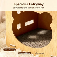 Maison à gratter pour chat en forme de tête d'ours, structure en bois, intérieur ondulé, abri à deux niveaux, design de toit ondulé, sans désordre, fournitures pour animaux de compagnie d'intérieur