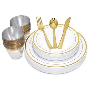 600 Disposable White Plastic Wedding Charger Plate With Gold Rim And Silverware Dinnerware Sets Silverware For Party Wedding