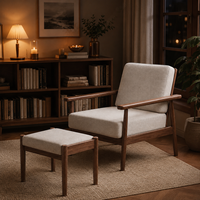 Fauteuil lounge en bois de noyer avec ottoman et coussin en tissu beige, fauteuil de lecture pour salon, mobilier en gros