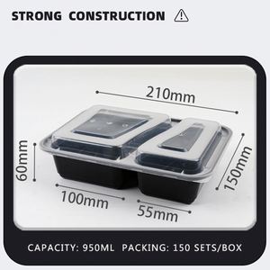 Boîte à lunch jetable en plastique rectangulaire américaine à deux compartiments de 32 oz pour aliments chauds avec couvercle transparent - Product Image 3