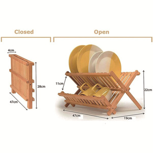 Foldable Bamboo <b>Dish</b> <b>Rack</b> 2 Tier With Drainage For Kitchen Countertop Use - Product Image 2
